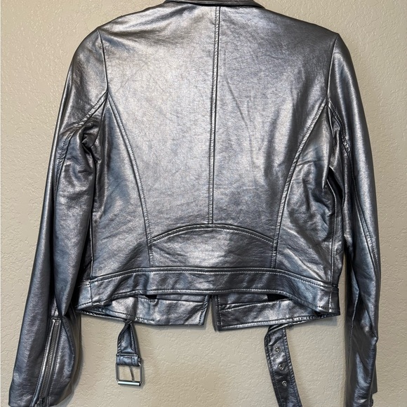 ZARA Silver Metallic Faux Leather Women's Moto Jacket - Picture 4 of 7